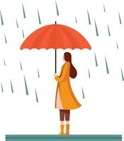 dame met een paraplu in de herfst regenen, vrouw Holding een paraplu in de regenen, vrouw vervelend oranje herfst kleren en Holding een paraplu in regenen, voorraad vector beeld