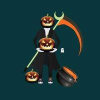 een halloween pompoen met een zeis en een pot. vector karakter halloween jack lantaarn illustratie brengen een pompoen.