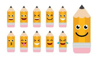 schattig tekenfilm gelukkig geel potlood set. terug naar school- clip art. emoji potloden. vector