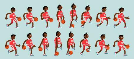 een cartoonesk Afrikaanse Amerikaans basketbal speler dribbelen een bal vector