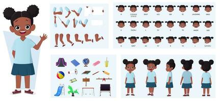 Afrikaanse Amerikaans meisje karakter bouwer pak met gebaren, gelaats uitdrukkingen, en verschillend poses vector illustratie