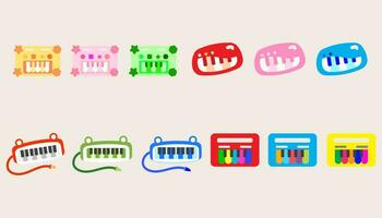 verzameling icoon elektrisch speelgoed- piano toetsenbord. kinderen musical elektronisch. grappig kinderen speelgoed.set van spel troosten. vector