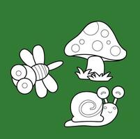 libel slak dier tuin en champignons planten tekenfilm digitaal postzegel schets vector