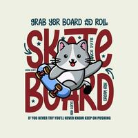 schattig kat skateboarder tekenfilm karakter t-shirt ontwerp vector