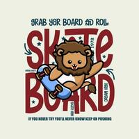 schattig leeuw skateboarder tekenfilm karakter t-shirt ontwerp vector