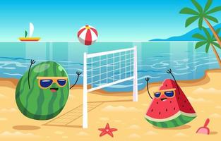 grappige watermeloen die volleybal strandbal speelt vector