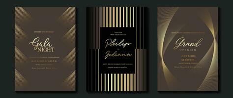 luxe gala uitnodiging kaart achtergrond vector. gouden elegant golvend goud lijn patroon Aan bruin en zwart achtergrond. premie ontwerp illustratie voor bruiloft en vip Hoes sjabloon, groots opening. vector