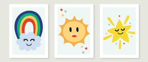 kinderen muur kunst vector verzameling. schattig hand- getrokken ontwerp met wolk, ster, regenboog, zon, hart. behang achtergrond ontwerp voor kind kamer decoratie, kinderkamer muur kunst, baby en speelgoed- kaart en omslag.