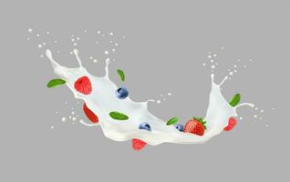 realistisch melk drinken of yoghurt plons en bessen vector