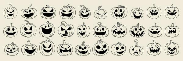 groot verzameling van halloween pompoenen schets. reeks van tekening jack O lantaarn. halloween pompoen pictogrammen set. vector illustratie.
