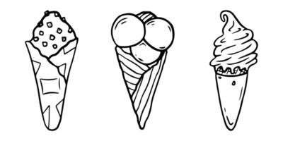 hand- getrokken reeks van ijs room ijshoorntje, tekening ijscoupe in wafel. schetsen stijl vector illustratie voor cafe menu, kaart, verjaardag kaart decoratie.