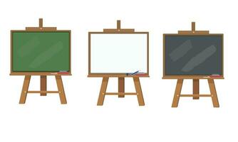 schoolbord of schoolbord met houten ezel staan vector illustratie set. wit bord, groen bord. een voorwerp gebruikt in klas of restaurant, cafe huis. terug naar school- concept.