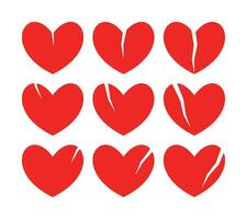 reeks van rood hart pictogrammen, symbool van gebroken hart of scheiding. vector illustratie voor liefde