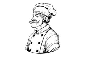 chef in een hoed kant visie gravure stijl vector illustratie.