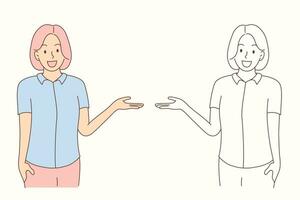 illustratie van een vrouw tonen iets met een hand- vector