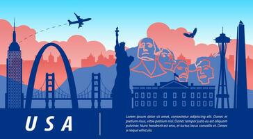 Verenigde Staten van Amerika beroemd mijlpaal silhouet stijl met reizen en door vlag kleur ontwerp toerisme vector