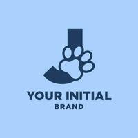 brief j poot afdrukken hond voet silhouet in negatief ruimte eerste vector logo ontwerp