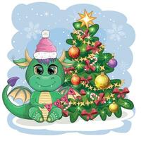een schattig tekenfilm groen draak in een de kerstman hoed houdt een rood geschenk en zit De volgende naar de Kerstmis boom. 2024 nieuw jaar vector