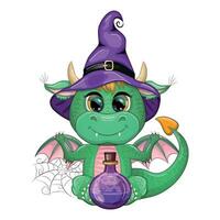 schattig tekenfilm groen draak in een Purper magie hoed, halloween. pompoen, toverdrank, bezem. symbool van 2024 volgens naar de Chinese kalender vector