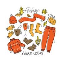 herfst elementen verzameling. herfst belettering. warm kleren, heet drankjes, herfst bladeren. de seizoen is koud. vector illustratie in tekening stijl Aan wit achtergrond voor ansichtkaart, spandoek.