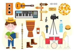muziek- elementen vector illustratie met divers van Notitie en musical instrumenten modern in vlak kinderen tekenfilm hand- getrokken achtergrond Sjablonen