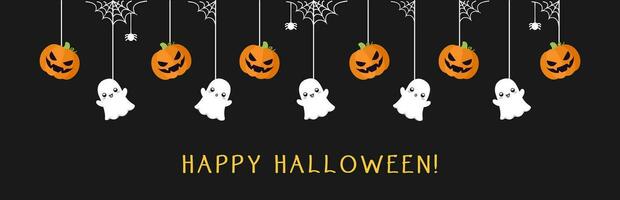 gelukkig halloween grens banier met geest en jack O lantaarn pompoenen. hangende spookachtig ornamenten decoratie vector illustratie, truc of traktatie partij uitnodiging