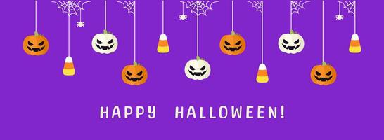 gelukkig halloween grens banier met snoep maïs en jack O lantaarn pompoenen hangende van spin webben. spookachtig ornamenten decoratie vector illustratie, truc of traktatie partij uitnodiging