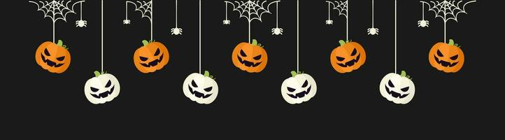 gelukkig halloween grens banier jack O lantaarn pompoenen hangende van spin webben. spookachtig ornamenten decoratie vector illustratie, truc of traktatie partij uitnodiging