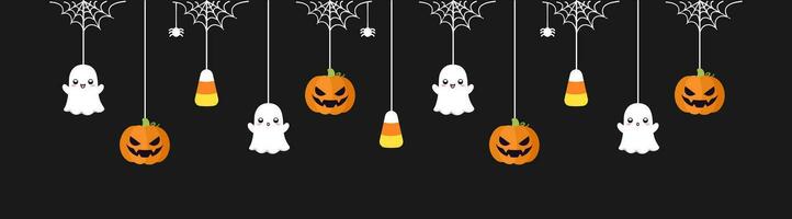 gelukkig halloween grens banier met geest, snoep maïs en jack O lantaarn pompoenen. hangende spookachtig ornamenten decoratie vector illustratie, truc of traktatie partij uitnodiging