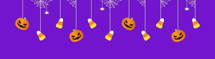 gelukkig halloween grens banier met snoep maïs en jack O lantaarn pompoenen hangende van spin webben. spookachtig ornamenten decoratie vector illustratie, truc of traktatie partij uitnodiging