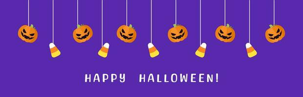 gelukkig halloween grens banier met snoep maïs en jack O lantaarn pompoenen. hangende spookachtig ornamenten decoratie vector illustratie, truc of traktatie partij uitnodiging