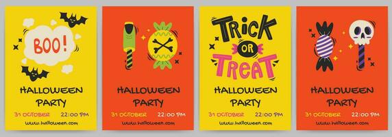 halloween feest. groet kaarten of posters reeks met kalligrafie, truc of traktatie, snoep. vector