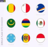 cirkel vlag met schaduw, verzameling van negen ronde vlag. vector vlaggen van 9 landen.
