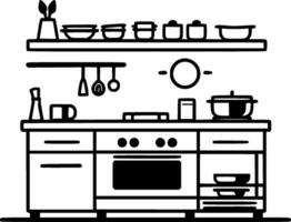 keuken - zwart en wit geïsoleerd icoon - vector illustratie