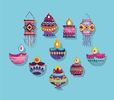 gelukkig diwali festival, collectie iconen diya lampen lantaarns ornamenten decoratie gedetailleerd vector