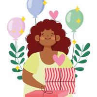 afro-amerikaanse meisje geschenkdoos en ballonnen decoratie vector
