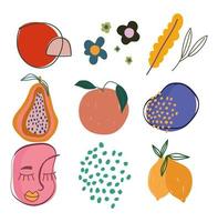 doodle eigentijds gezicht fruit bloemen bladeren pictogrammen geïsoleerd ontwerp vector