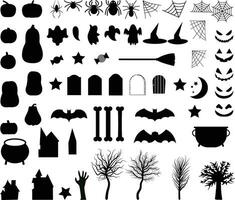 verzameling voor halloween. reeks van halloween zwart vectoren vector illustratie. geïsoleerd Aan wit achtergrond. omvat pompoen, knuppel spin, halloween boom, geest en verschrikking huis.