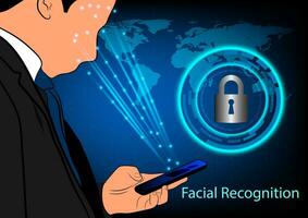 zakenlieden Holding een mobiel telefoon met een gezicht herkenning concept, vector illustratie