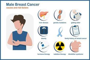 medisch illustratie vector infographic oorzaken en risico factoren van borst kanker in mannen, krijgen ouder, genetisch mutaties, familie geschiedenis van borst kanker,klinefelter syndroom, lever ziekte, zwaarlijvigheid.