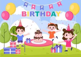 gelukkige verjaardagsfeestje vieren illustratie met ballon, hoeden, confetti, cadeau en cake design vector