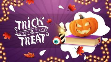 trick or treat, creatieve groet paarse ansichtkaart met waterdruppel minimaal ontwerp, spreukenboek en pompoen jack vector