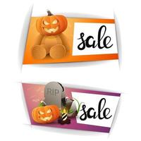 halloween-uitverkoop, twee horizontale kortingsbanners. oranje en roze kortingssjabloon vector