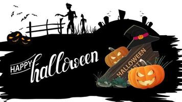 happy halloween, zwarte gescheurde kaart met houten bord, heksenhoed en pompoen jack vector