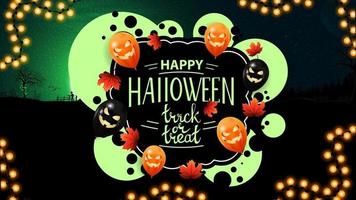 happy halloween, trick or treat, creatieve wenskaart met graffiti-stijl en halloween-achtergrond. sjabloon met bubbels, herfstbladeren en halloween-ballonnen vector