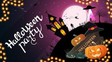 halloween-feest, creatieve uitnodigingsposter met houten bord, heksenhoed en pompoenhefboom. volle maan met sterrenhemel en silhouet van de planeet op halloween-nacht vector