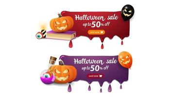 halloween-uitverkoop, twee spandoeken met druppels, spreukenboek, pompoenhefboom en heksendrank vector