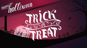 wenskaart, trick or treat, kaart met halloween landschap op de achtergrond. Halloween-achtergrond, volle roze maan, sterrenhemel, helder veld met hek, gras, bomen, vleermuizen en een heks op een bezem. vector