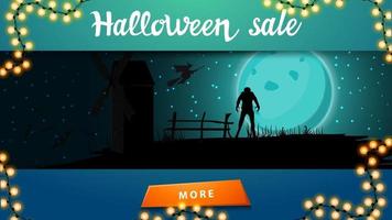 halloween-uitverkoop, kortingsbanner met halloween-landschap op de achtergrond. Halloween-achtergrond, volle blauwe maan, sterrenhemel, oude molen, vleermuizen en weerwolf. vector