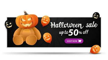 halloween-uitverkoop, tot 50 korting, horizontale zwarte kortingsbanner met halloween-ballonnen en teddybeer met jack-pompoenkop vector